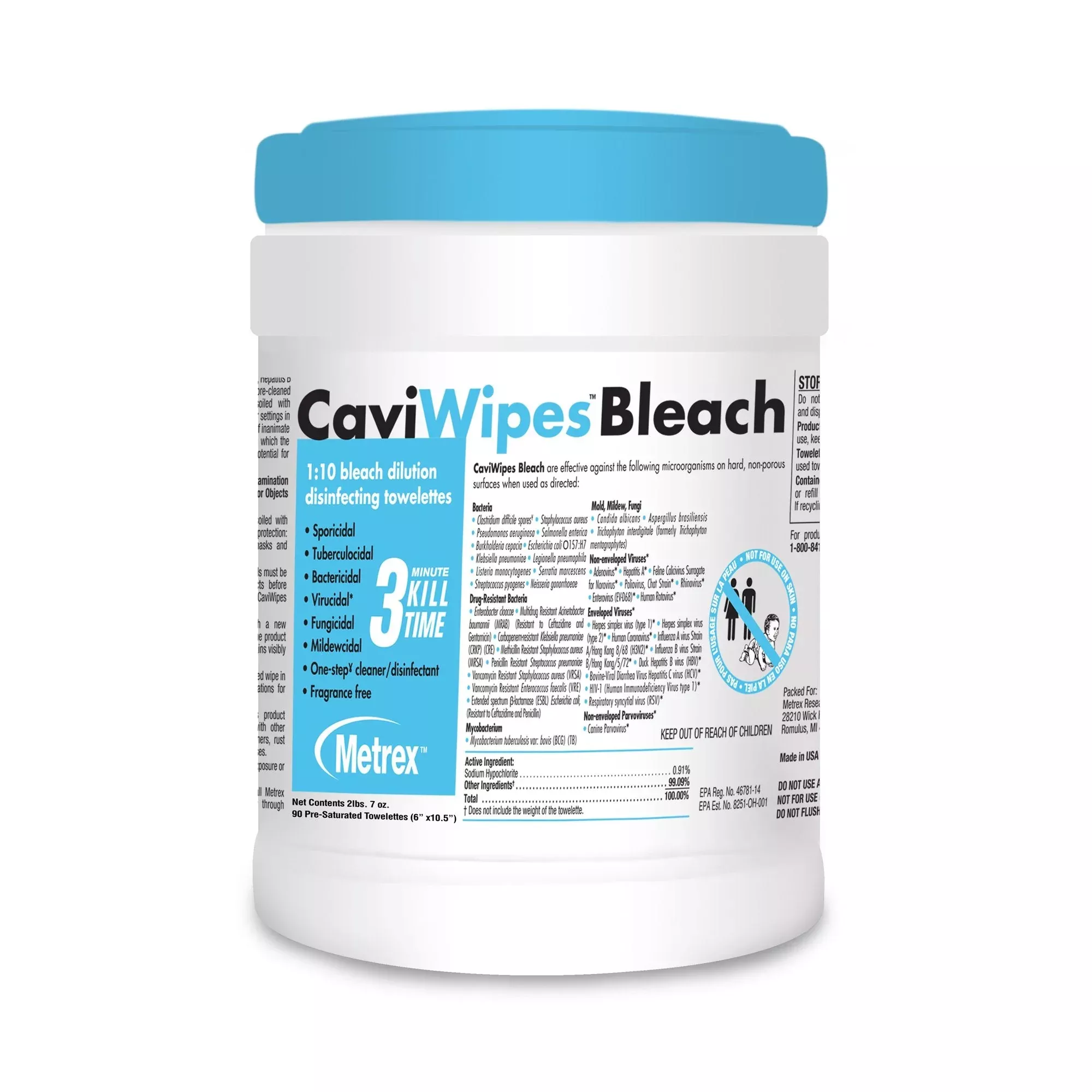 CaviWipes Bleach Toallitas desinfectantes limpiadoras de superficies prehumedecidas con blanqueador en bote con dispensador manual