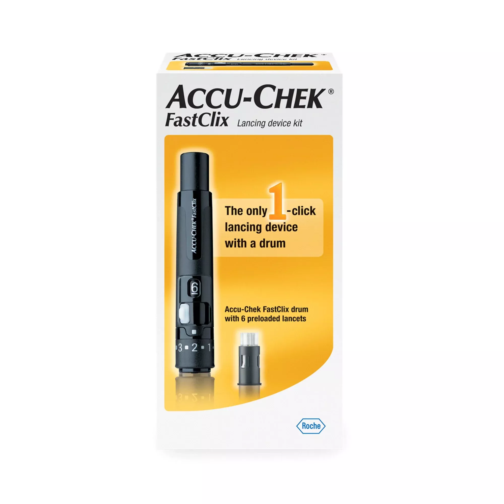 Dispositivo de punción Accu-Chek, tambor de seguridad precargado, activación por botón, múltiples sitios de punción