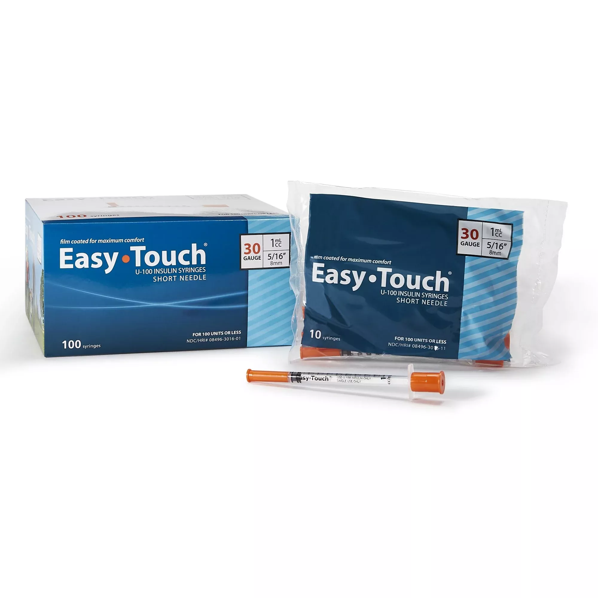 Jeringa de insulina EasyTouch estándar con aguja de 1 mL, 0,8 cm, calibre 30, de pared delgada, sin mecanismo de seguridad - Caja de 100 unidades