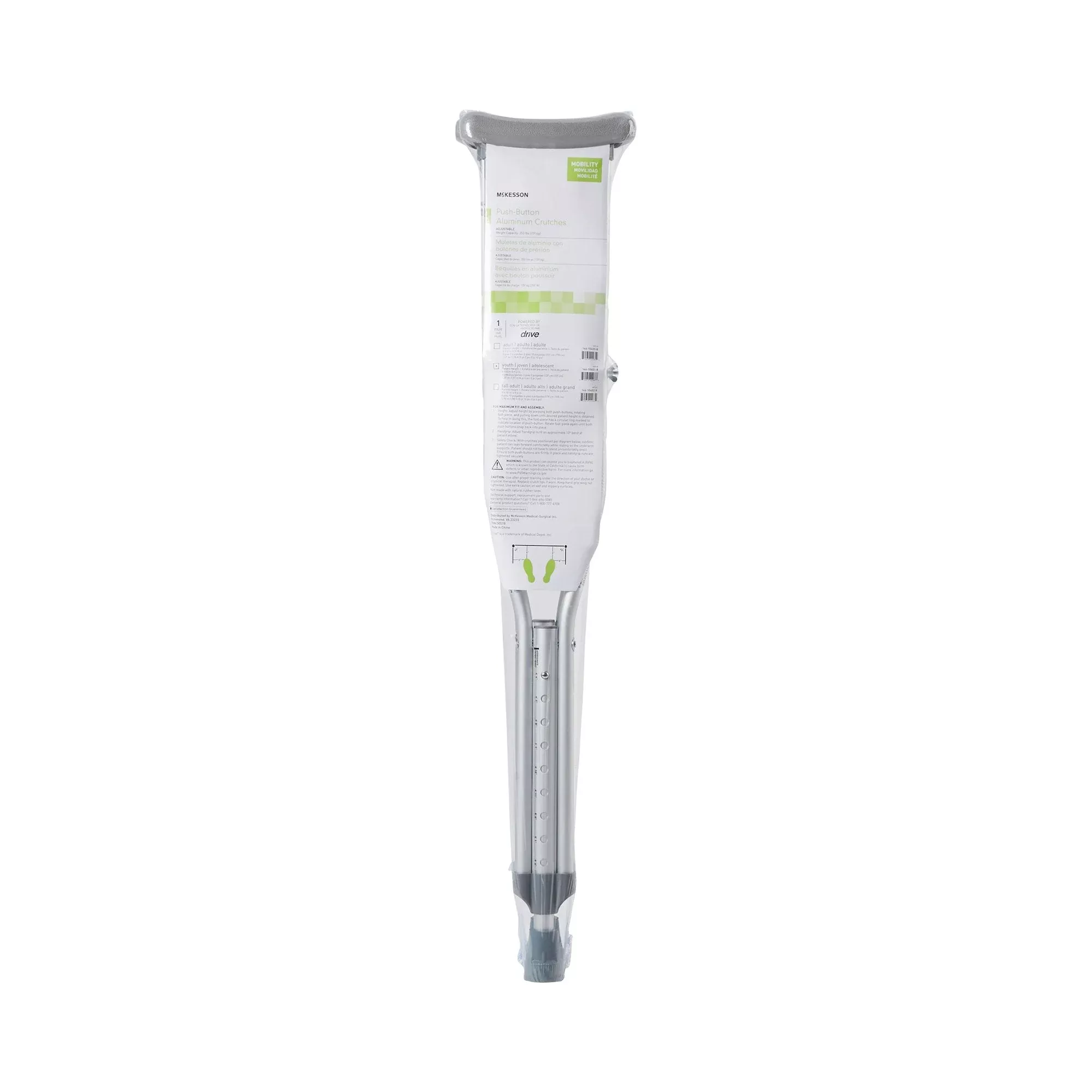 Muletas axilares McKesson, de 1,2 m 15 cm a 1,5 m 5,1 cm de altura de usuario, armazón de aluminio, 159 kg - Caja de 8 unidades
